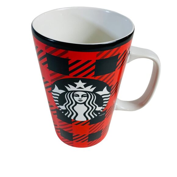 Starbucks Buffalo Plaid Coffee Mug Tall Red Black Checked Ceramic Tumbler 16 Oz - Picture 8 of 12